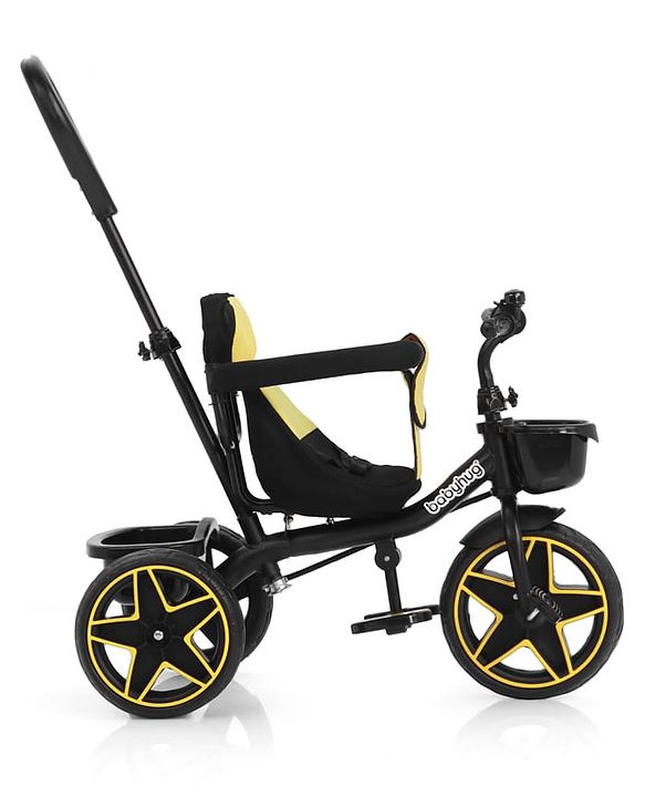 Babyhug Toddler Tricycle with Parental Push Handle, Cushioned Seat, Removable Safety Bar & Foldable Footrest  Plug & Play, Durable EVA Wheels  Yellow