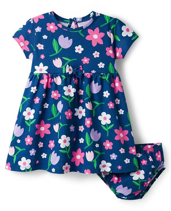Babyhug Cotton Knit Half Sleeves Floral Printed Frock with Bloomer - Purple