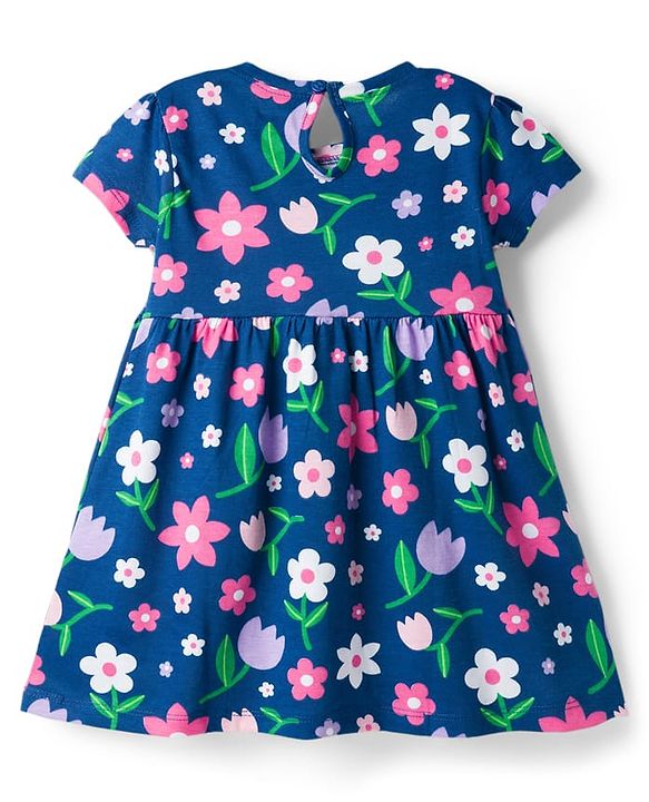 Babyhug Cotton Knit Half Sleeves Floral Printed Frock with Bloomer - Purple