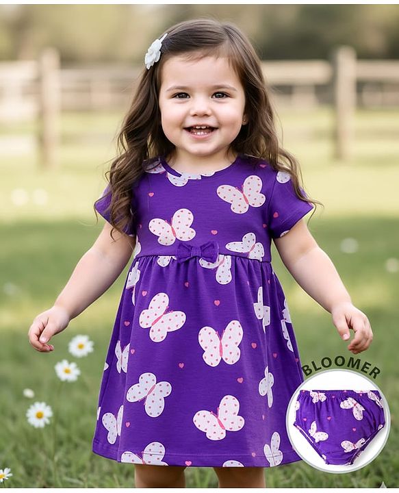 Babyhug Cotton Knit Half Sleeves Butterfly Printed Frock With Bow Applique & Bloomer - Purple