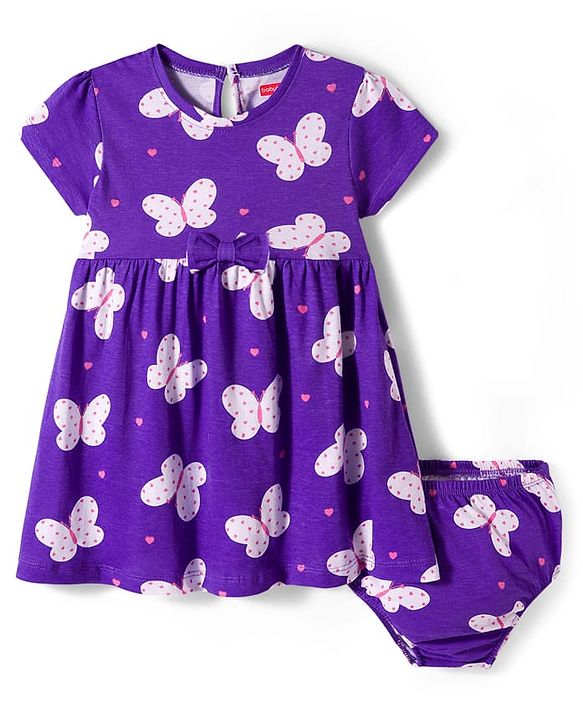 Babyhug Cotton Knit Half Sleeves Butterfly Printed Frock With Bow Applique & Bloomer - Purple