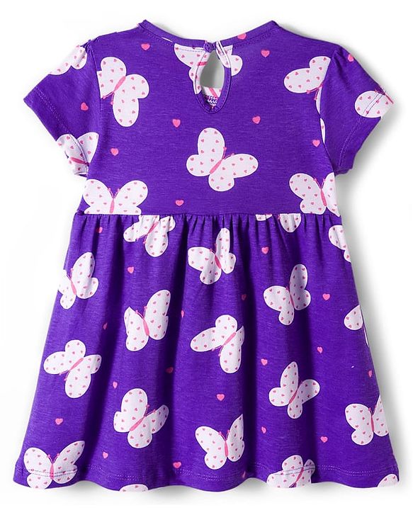 Babyhug Cotton Knit Half Sleeves Butterfly Printed Frock With Bow Applique & Bloomer - Purple