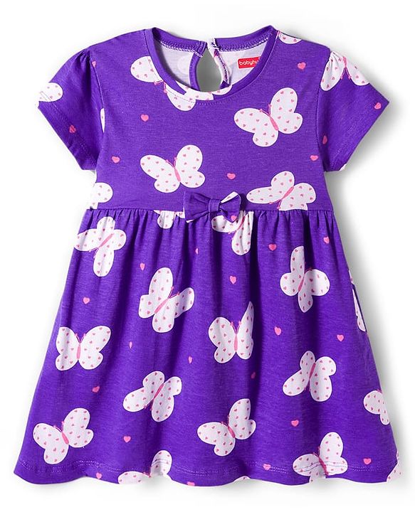 Babyhug Cotton Knit Half Sleeves Butterfly Printed Frock With Bow Applique & Bloomer - Purple