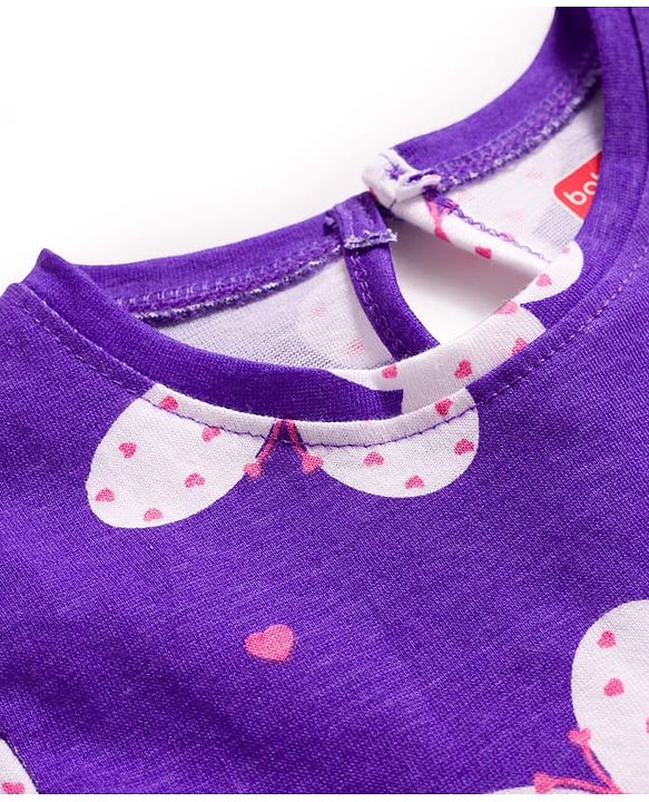 Babyhug Cotton Knit Half Sleeves Butterfly Printed Frock With Bow Applique & Bloomer - Purple