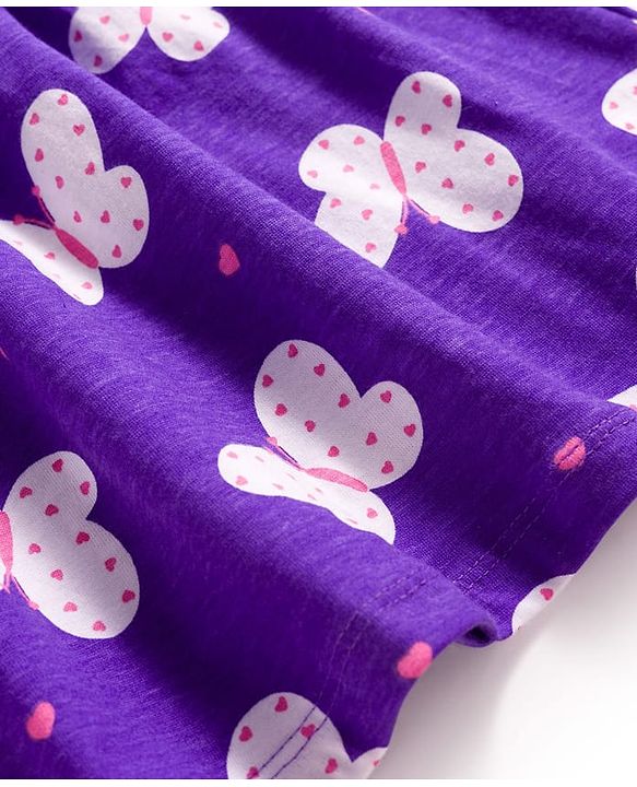 Babyhug Cotton Knit Half Sleeves Butterfly Printed Frock With Bow Applique & Bloomer - Purple