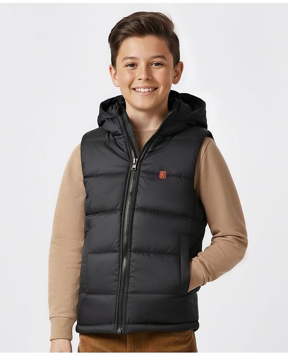 Pine Kids Woven Sleeveless Solid Hooded Padded Jacket - Black