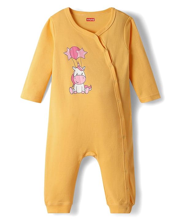 Babyhug 100% Cotton Interlock Knit Full Sleeves Romper with Unicorn Print - Yellow