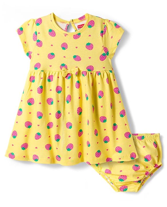 Babyhug Cotton Knit Half Sleeves Frock With Strawberry Print & Bloomer - Yellow