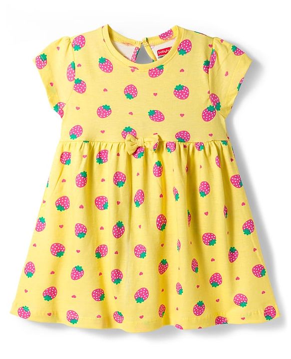 Babyhug Cotton Knit Half Sleeves Frock With Strawberry Print & Bloomer - Yellow