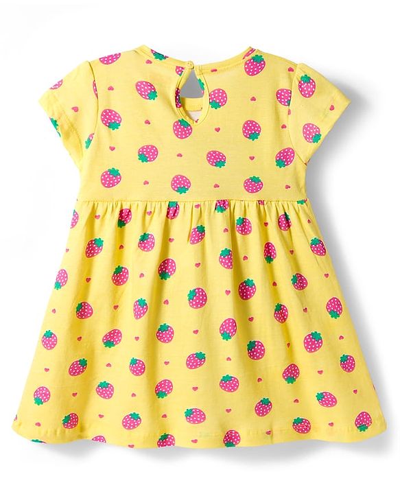 Babyhug Cotton Knit Half Sleeves Frock With Strawberry Print & Bloomer - Yellow