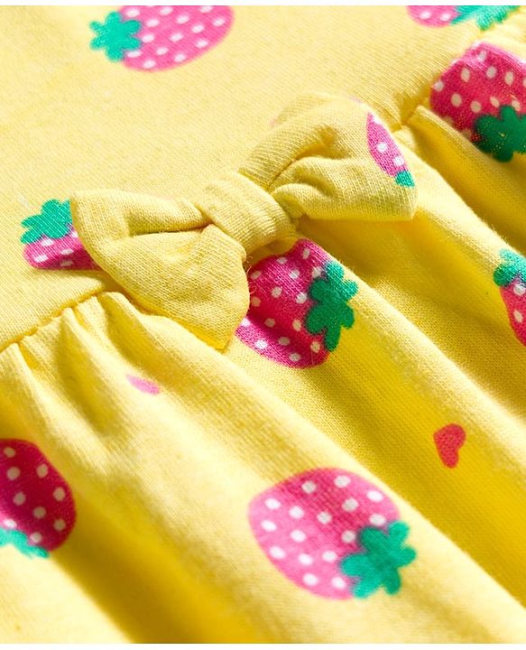 Babyhug Cotton Knit Half Sleeves Frock With Strawberry Print & Bloomer - Yellow