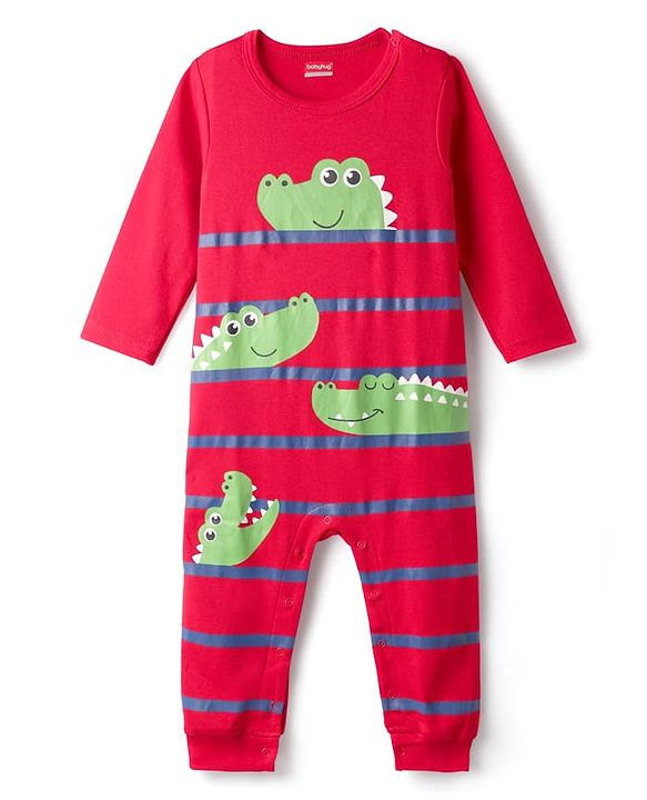 Babyhug 100% Cotton Interlock Knit Full Sleeves Romper with Croco Print - Red
