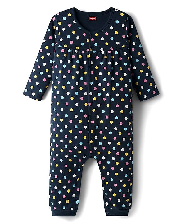 Babyhug 100% Cotton Interlock Knit Full Sleeves Romper with Polka Dot Print - Navy Blue