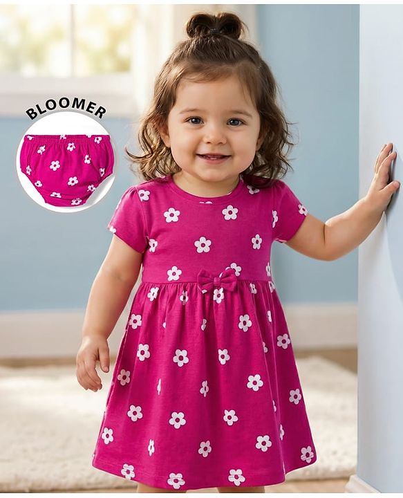 Babyhug Cotton Knit Half Sleeves Floral Printed Frock with Bloomer & Bow Applique - Dark Pink