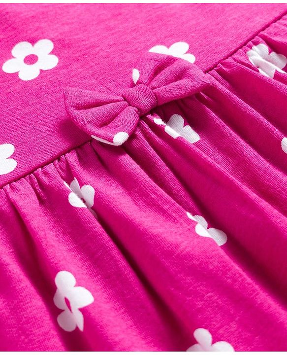 Babyhug Cotton Knit Half Sleeves Floral Printed Frock with Bloomer & Bow Applique - Dark Pink