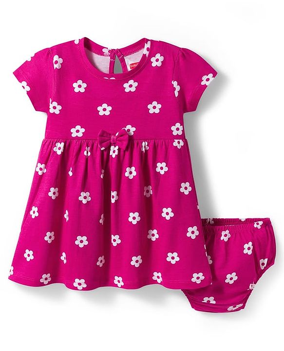 Babyhug Cotton Knit Half Sleeves Floral Printed Frock with Bloomer & Bow Applique - Dark Pink