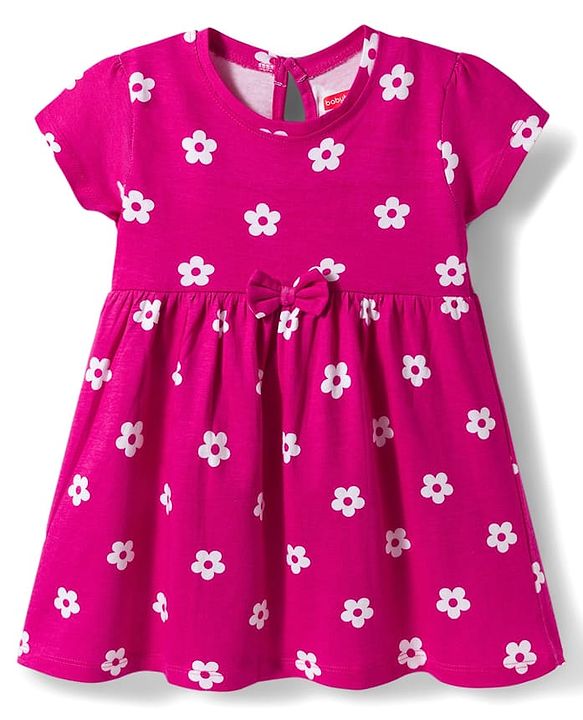 Babyhug Cotton Knit Half Sleeves Floral Printed Frock with Bloomer & Bow Applique - Dark Pink