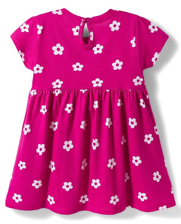 Babyhug Cotton Knit Half Sleeves Floral Printed Frock with Bloomer & Bow Applique - Dark Pink