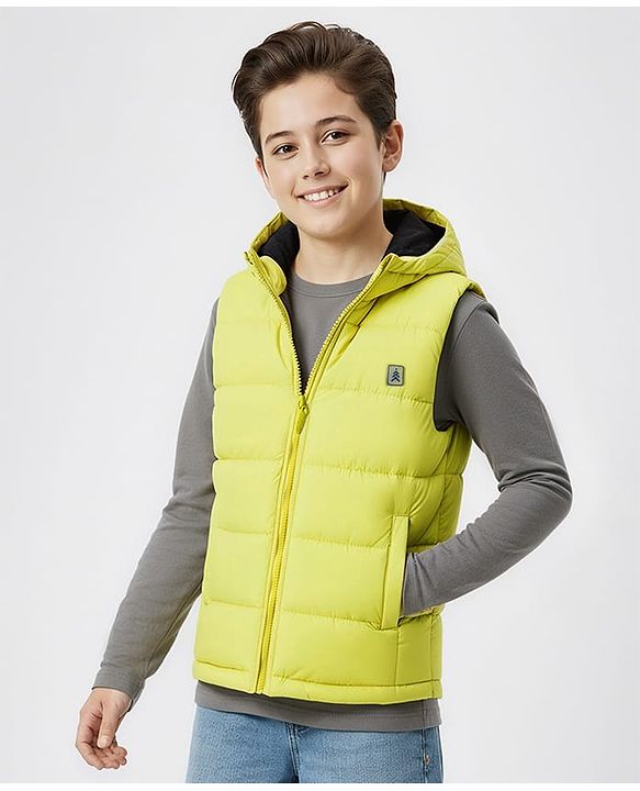 Pine Kids Woven Sleeveless Solid Color Padded Hooded Jacket - Lemon