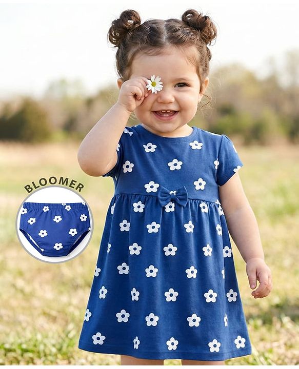 Babyhug Cotton Knit Half Sleeves Floral Printed Frock with Bow Applique & Bloomer - Navy Blue