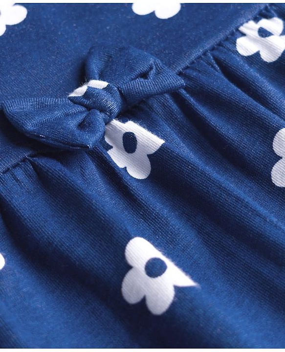 Babyhug Cotton Knit Half Sleeves Floral Printed Frock with Bow Applique & Bloomer - Navy Blue