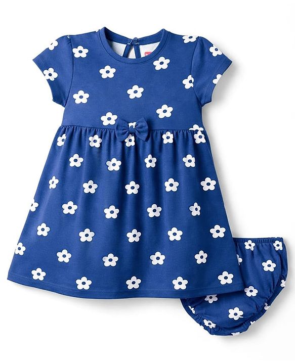 Babyhug Cotton Knit Half Sleeves Floral Printed Frock with Bow Applique & Bloomer - Navy Blue