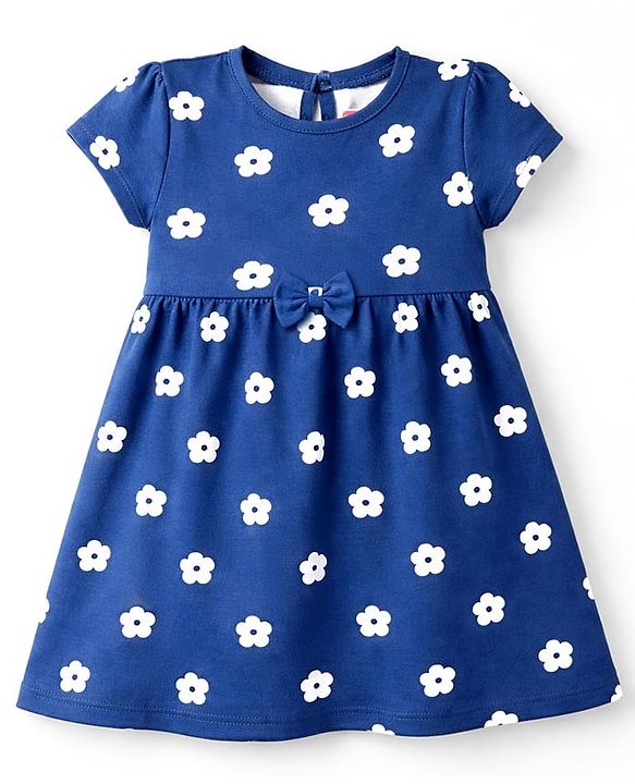 Babyhug Cotton Knit Half Sleeves Floral Printed Frock with Bow Applique & Bloomer - Navy Blue