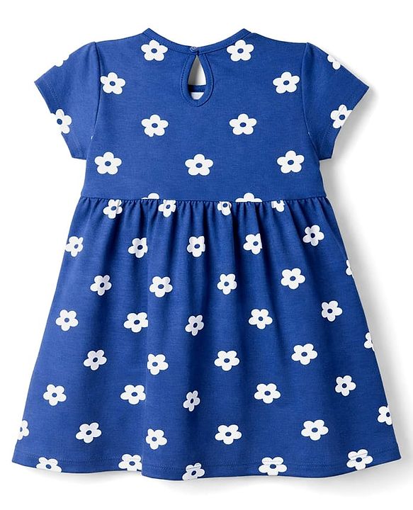 Babyhug Cotton Knit Half Sleeves Floral Printed Frock with Bow Applique & Bloomer - Navy Blue