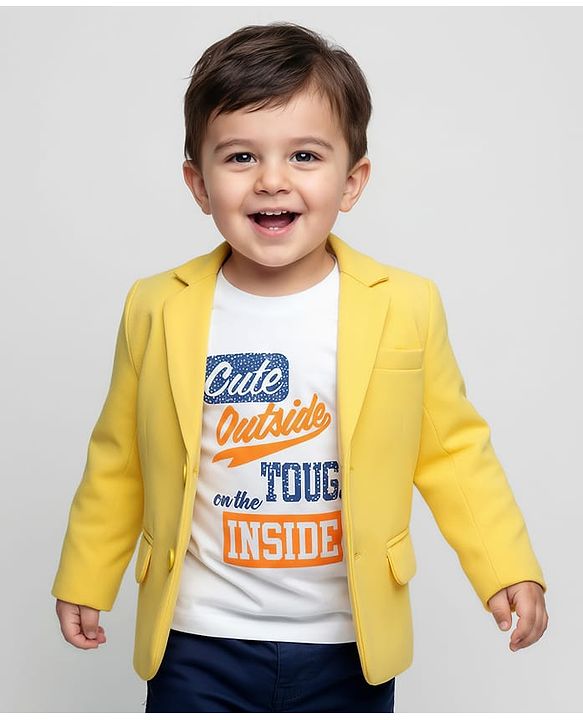 Babyhug Knit Full Sleeves Solid Coloured Partywear Blazer With Text Printed Tee - Yellow