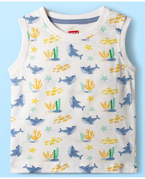 Babyhug Single Jersey Knit Half Sleeves T-Shirts & Shorts Sets With Stripes & Sea Life Print Pack of 4 - Yellow & White