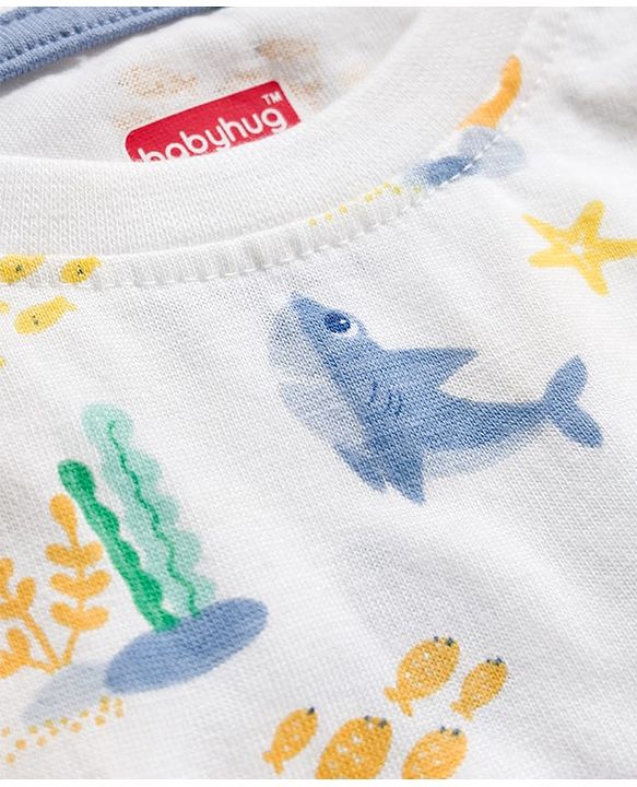 Babyhug Single Jersey Knit Half Sleeves T-Shirts & Shorts Sets With Stripes & Sea Life Print Pack of 4 - Yellow & White