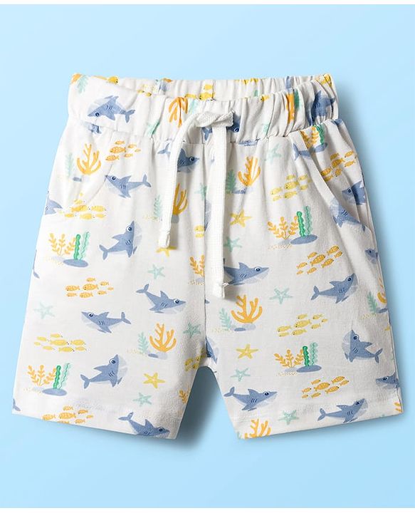 Babyhug Single Jersey Knit Half Sleeves T-Shirts & Shorts Sets With Stripes & Sea Life Print Pack of 4 - Yellow & White