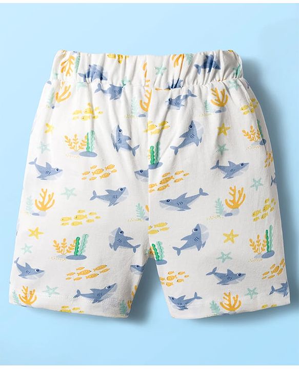 Babyhug Single Jersey Knit Half Sleeves T-Shirts & Shorts Sets With Stripes & Sea Life Print Pack of 4 - Yellow & White