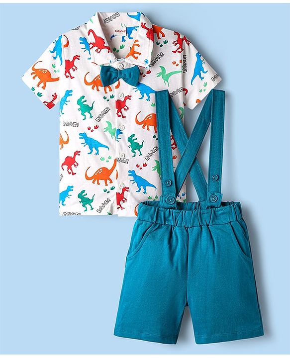 Babyhug 100% Cotton Single Jersey Knit Half Sleeves Dino Printed Shirt & Shorts Set With Attached Suspender & Bow Applique - White & Blue