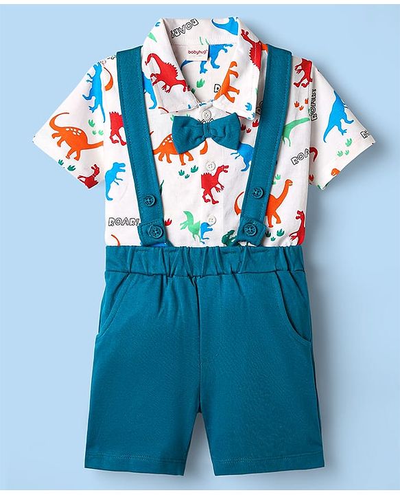 Babyhug 100% Cotton Single Jersey Knit Half Sleeves Dino Printed Shirt & Shorts Set With Attached Suspender & Bow Applique - White & Blue