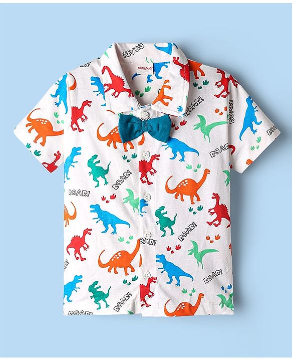 Babyhug 100% Cotton Single Jersey Knit Half Sleeves Dino Printed Shirt & Shorts Set With Attached Suspender & Bow Applique - White & Blue