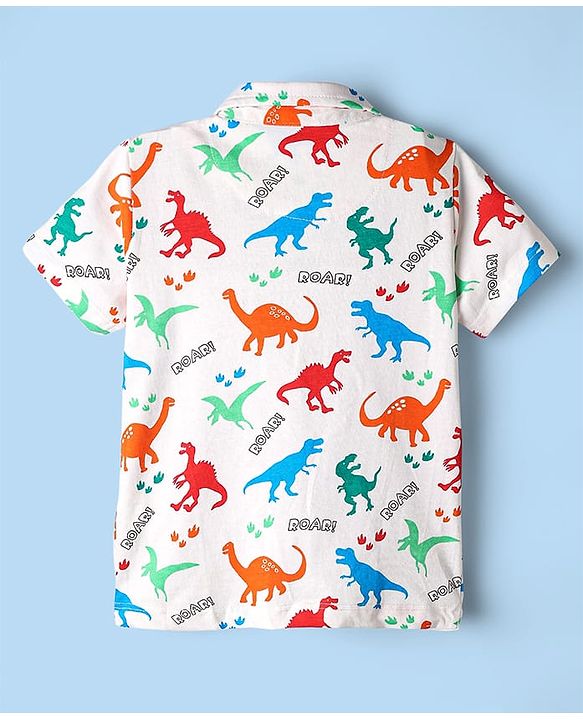 Babyhug 100% Cotton Single Jersey Knit Half Sleeves Dino Printed Shirt & Shorts Set With Attached Suspender & Bow Applique - White & Blue