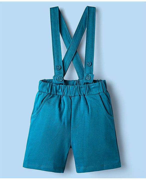 Babyhug 100% Cotton Single Jersey Knit Half Sleeves Dino Printed Shirt & Shorts Set With Attached Suspender & Bow Applique - White & Blue