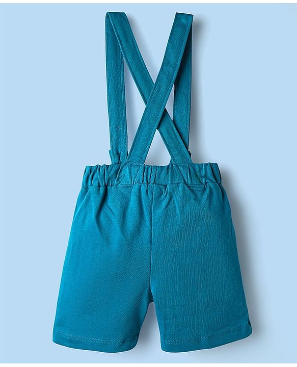 Babyhug 100% Cotton Single Jersey Knit Half Sleeves Dino Printed Shirt & Shorts Set With Attached Suspender & Bow Applique - White & Blue