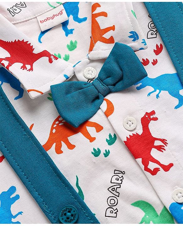Babyhug 100% Cotton Single Jersey Knit Half Sleeves Dino Printed Shirt & Shorts Set With Attached Suspender & Bow Applique - White & Blue