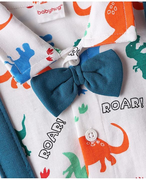 Babyhug 100% Cotton Single Jersey Knit Half Sleeves Dino Printed Shirt & Shorts Set With Attached Suspender & Bow Applique - White & Blue