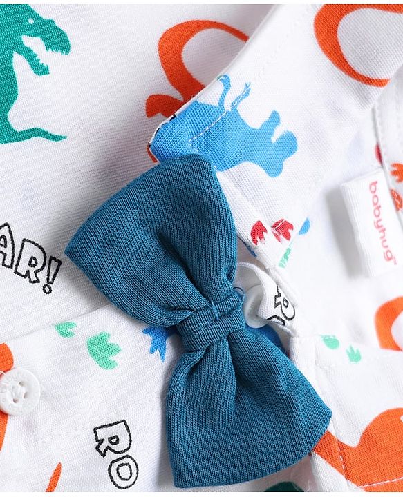 Babyhug 100% Cotton Single Jersey Knit Half Sleeves Dino Printed Shirt & Shorts Set With Attached Suspender & Bow Applique - White & Blue