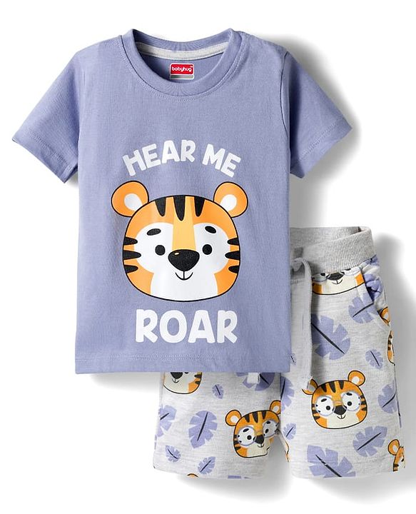 Babyhug Single Jersey Knit Half Sleeves T-Shirt  & Shorts Set Animal Print - Lavender
