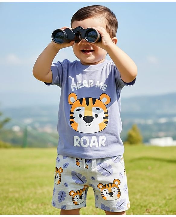 Babyhug Single Jersey Knit Half Sleeves T-Shirt  & Shorts Set Animal Print - Lavender