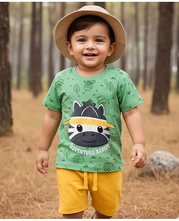 Babyhug Single Jersey Knit Half Sleeves T-Shirt and Shorts Set with Giraffe Print - Green & Yellow