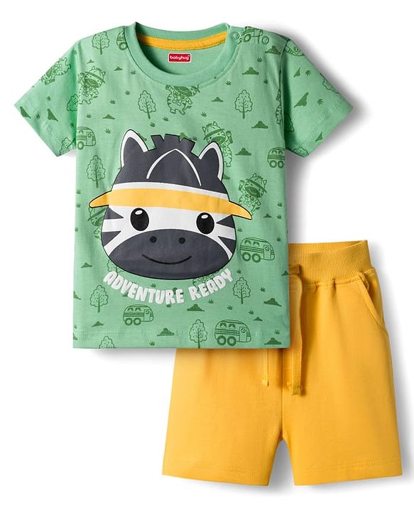Babyhug Single Jersey Knit Half Sleeves T-Shirt and Shorts Set with Giraffe Print - Green & Yellow