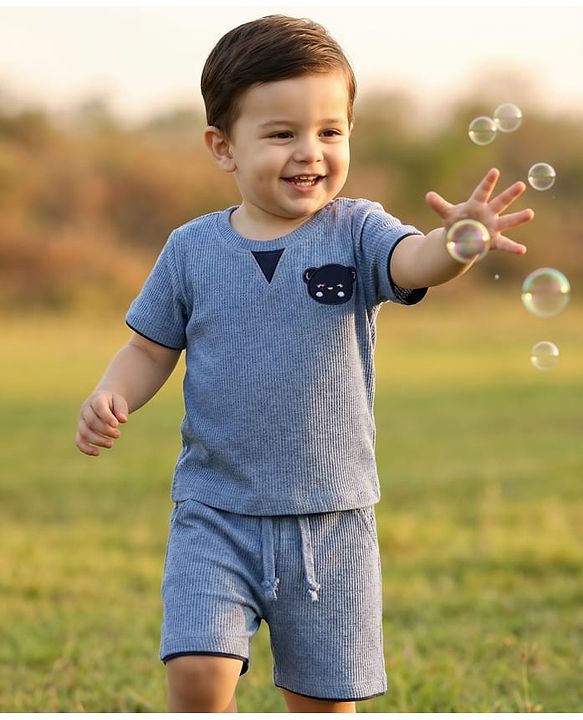 Babyhug Single Jersey Knit  Half Sleeves Textured T-Shirt & Shorts Set With Teddy Patch Embroidery - Blue