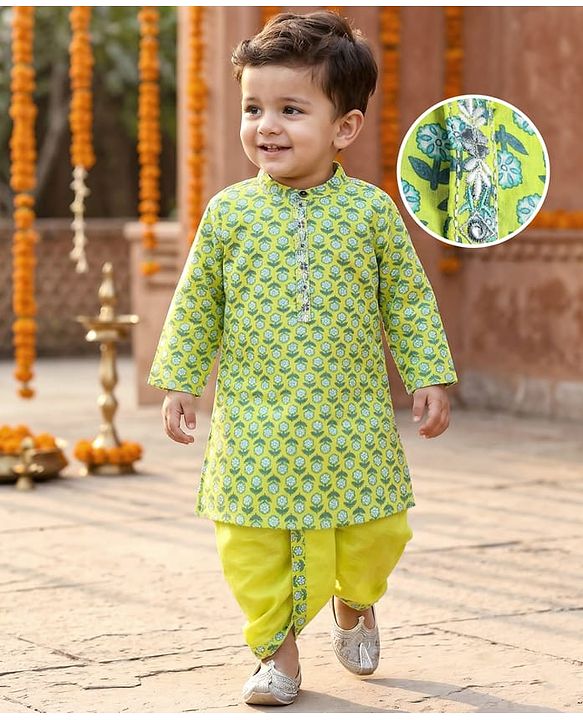 Babyhug 100% Cotton Full Sleeves Floral Printed Kurta & Dhoti Set - Green