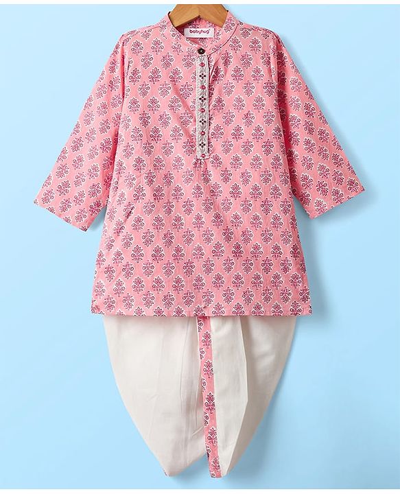 Babyhug Cotton Woven Full Sleeves Kurta Dhoti Set With Floral Print - Pink