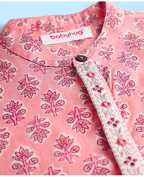 Babyhug Cotton Woven Full Sleeves Kurta Dhoti Set With Floral Print - Pink